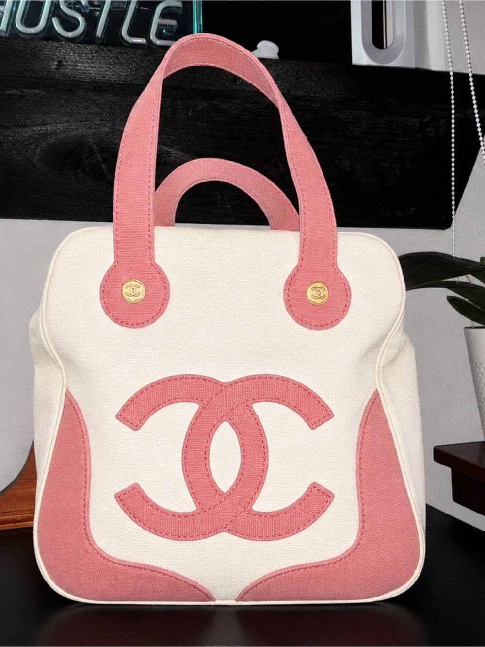 CHANEL Cream Canvas Tote with Pink Leather Trim